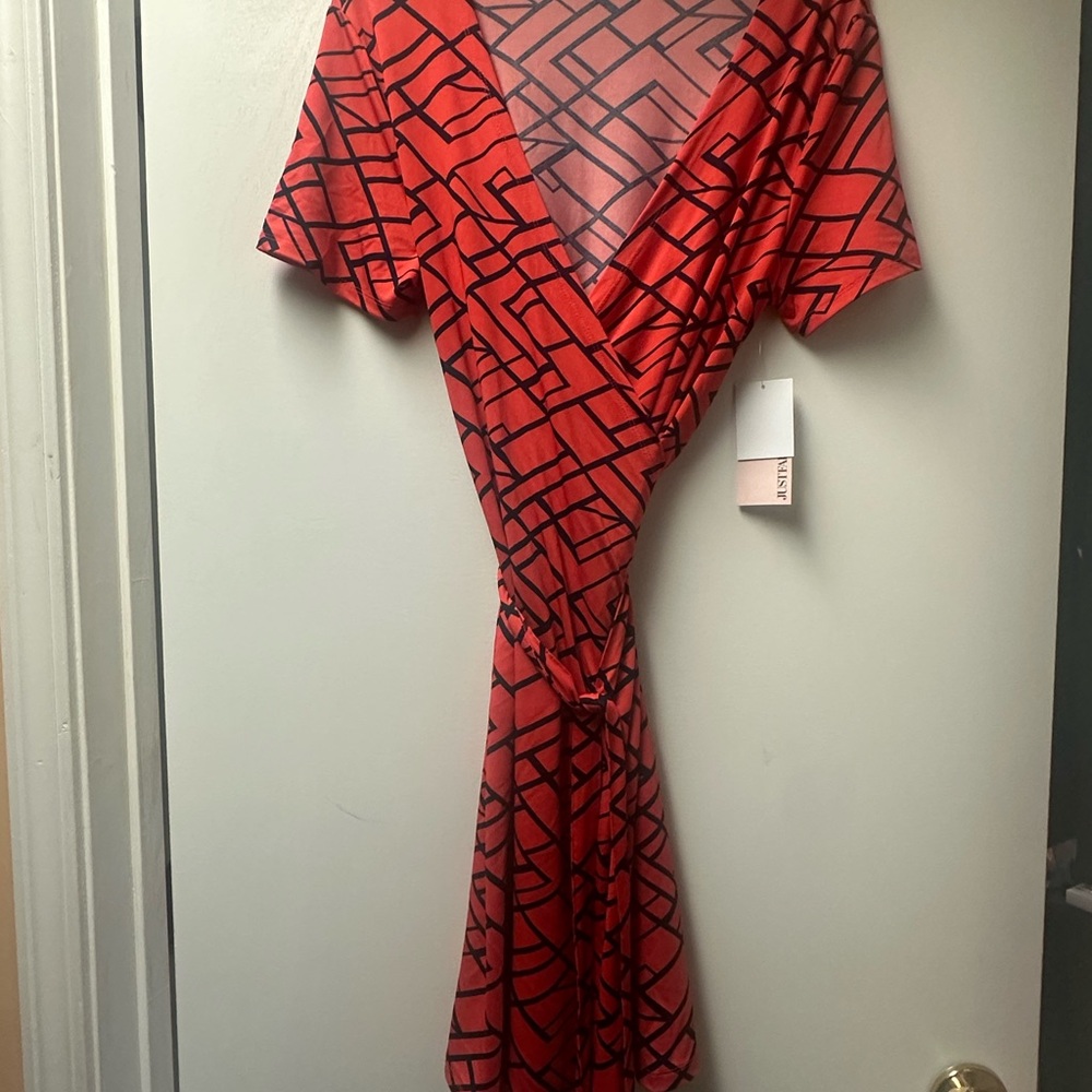 JustFab Red and Black Flutter Sleeve Wrap Dress
